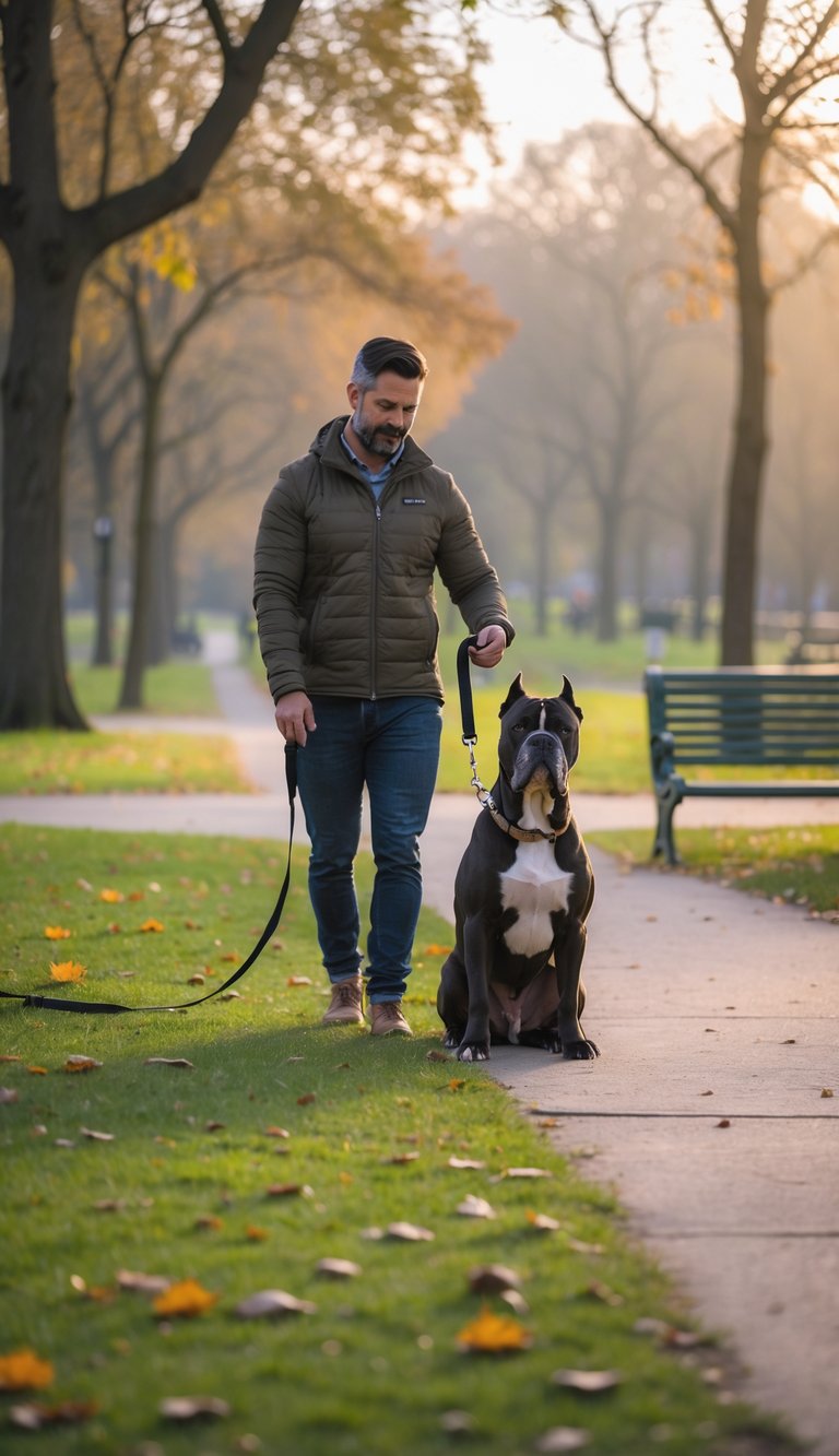 A Cane Corso dog sitting calmly next to its owner in a quiet park with trees and empty walking paths in the early morning.