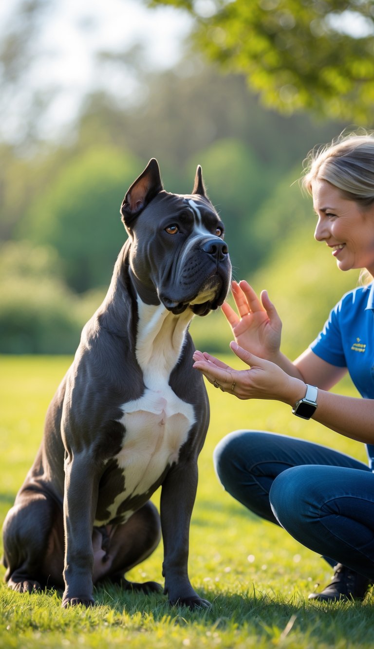 A Cane Corso dog sitting attentively next to a person outdoors, both focused and engaged in training.