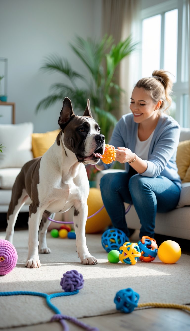 A person playing with a Cane Corso dog using toys in a bright living room.