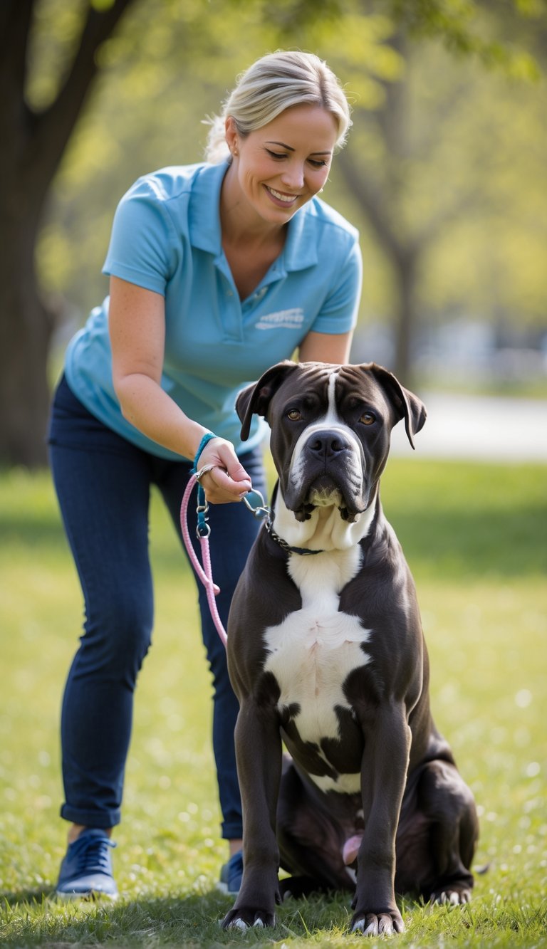 A Cane Corso dog sitting calmly next to a trainer in a sunny park during an obedience training session.