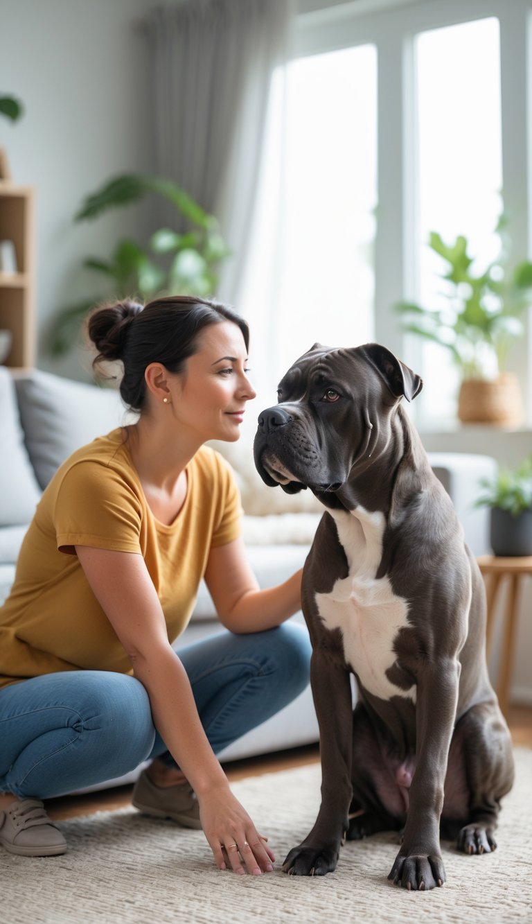 A person calmly interacting with a large Cane Corso dog indoors, both appearing relaxed and attentive.