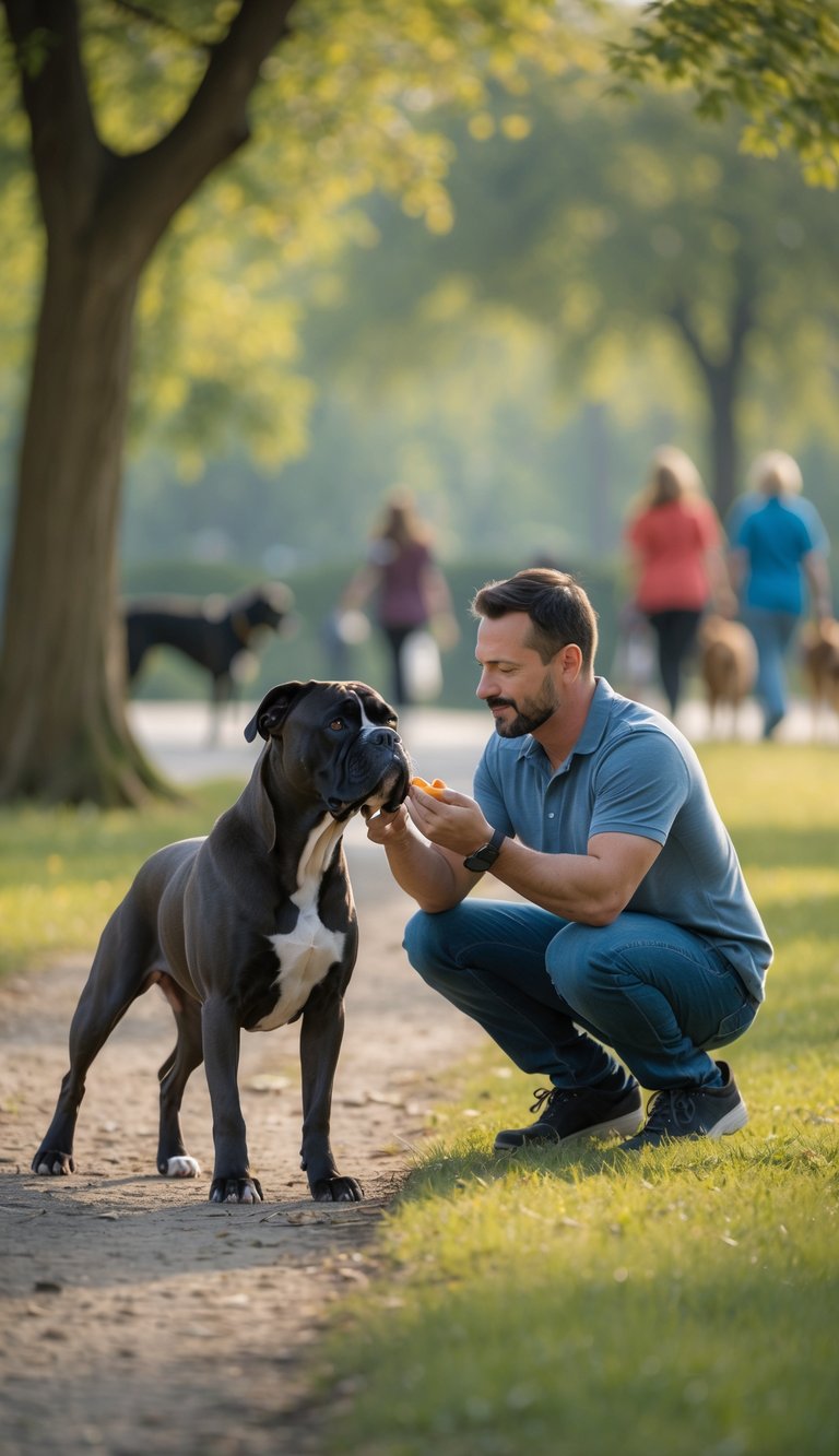 An adult Cane Corso dog attentively interacting with a person offering a treat in a green park setting.