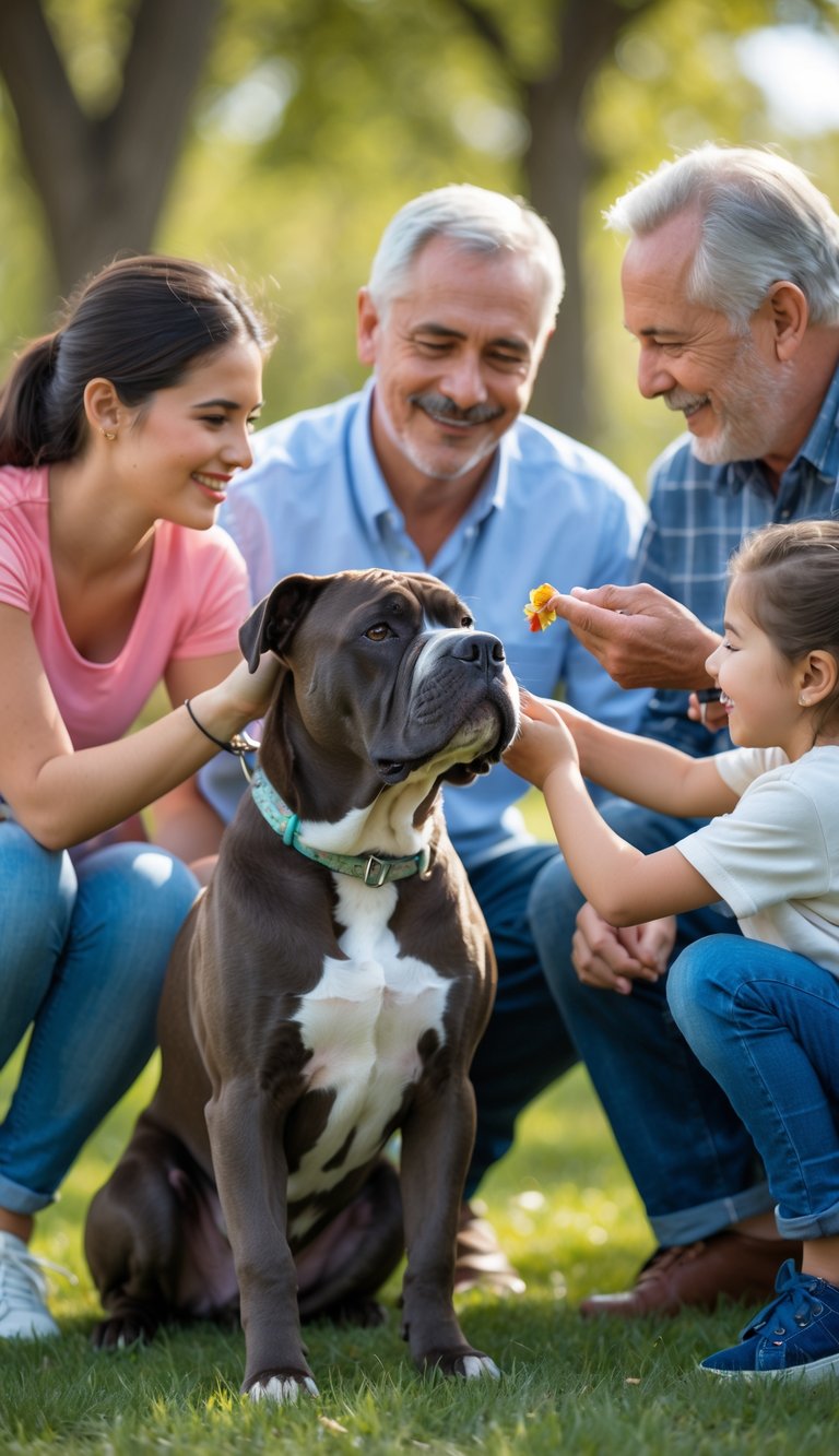 A Cane Corso dog happily interacting with people of different ages in a green park.