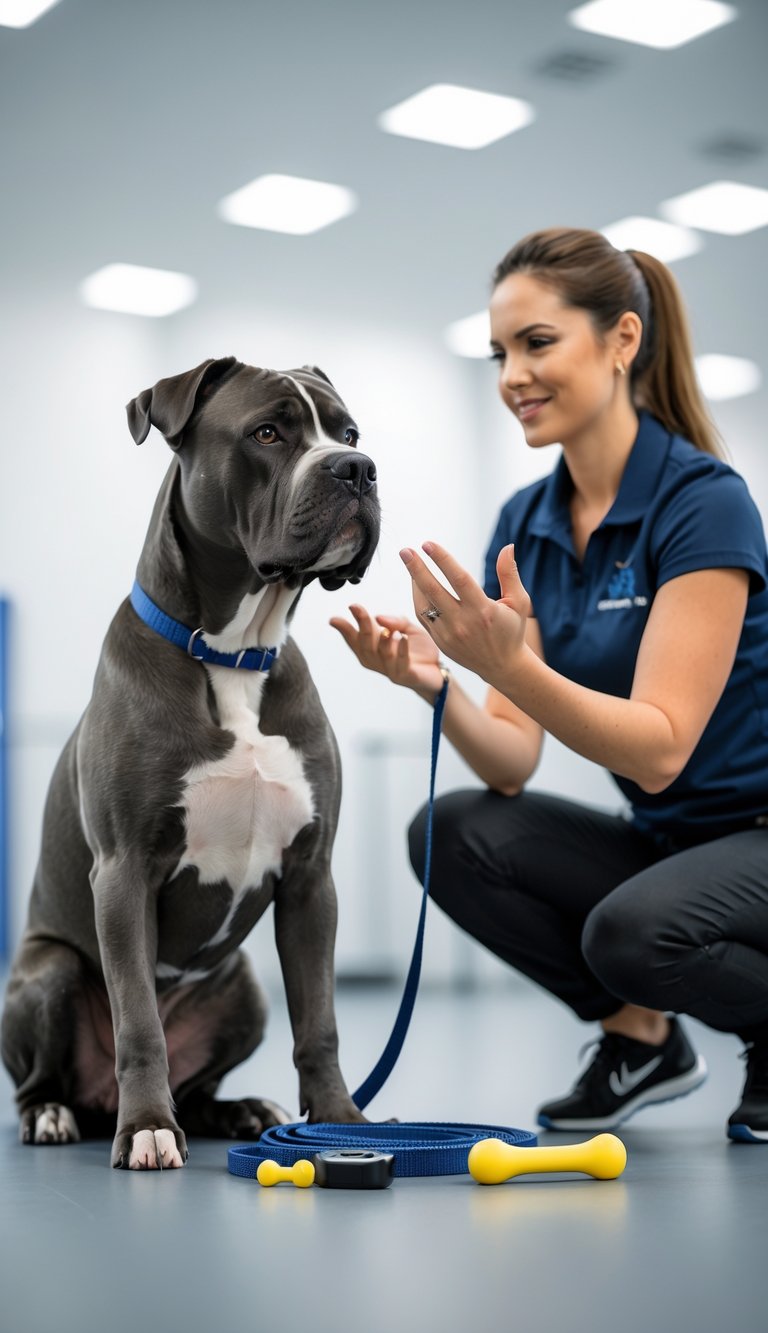 A Cane Corso dog sitting calmly next to a dog trainer in a training facility, with training tools nearby.