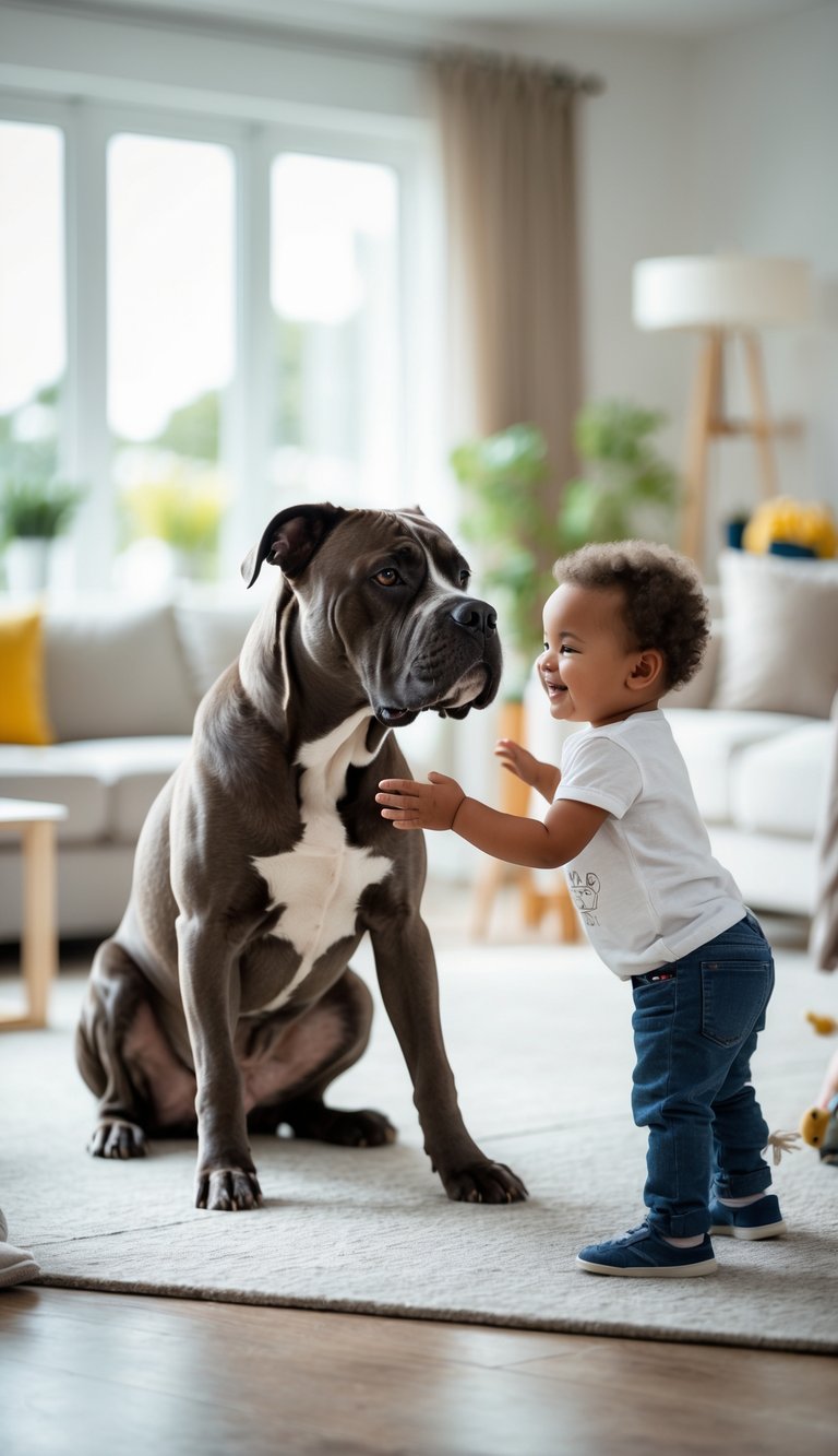 A calm Cane Corso dog sitting while a young child gently pets it in a bright living room.