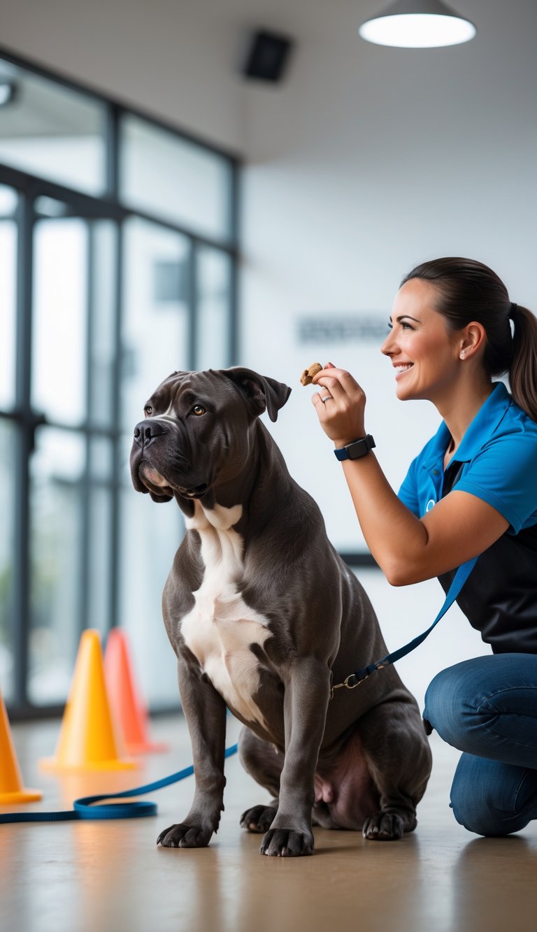 A Cane Corso dog sitting obediently next to a smiling trainer offering a treat in a bright training facility.
