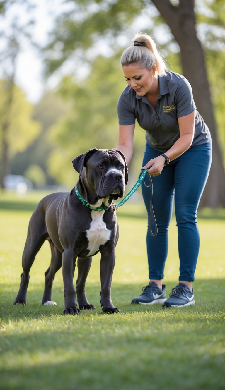 A Cane Corso dog on a leash standing calmly next to a trainer in a park.
