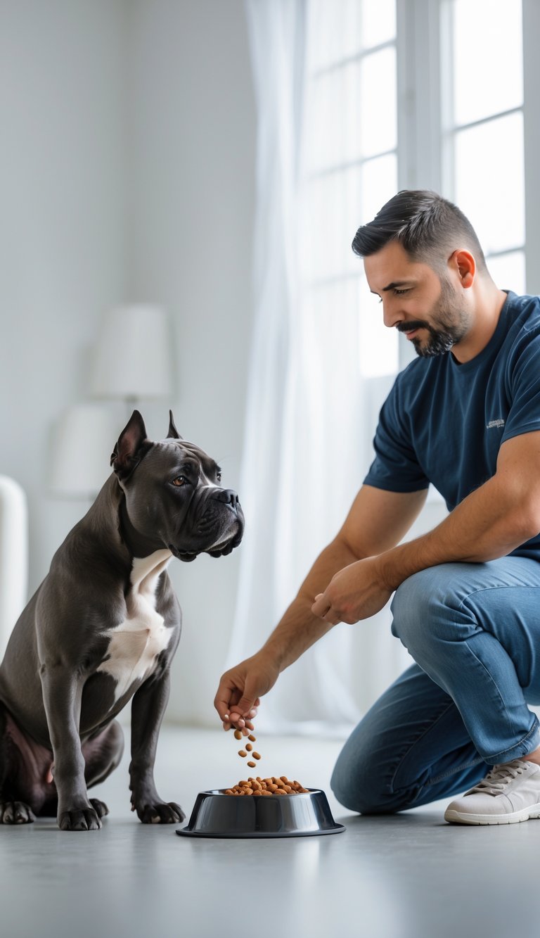 A Cane Corso dog sitting calmly while its owner places a bowl of food on the floor in a bright indoor room.