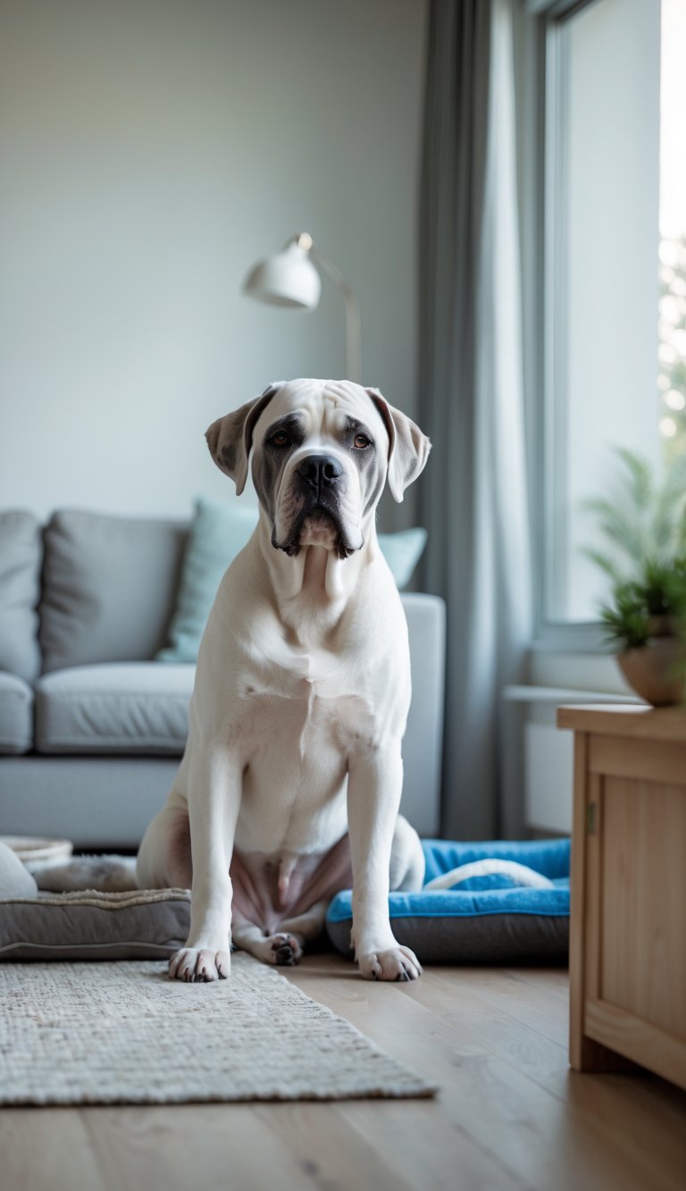 A calm Cane Corso dog sitting alone in a cozy living room with toys and a dog bed nearby.