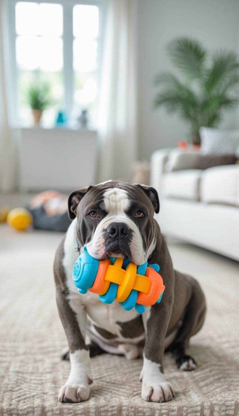 A Cane Corso dog calmly chewing on a toy in a bright living room.