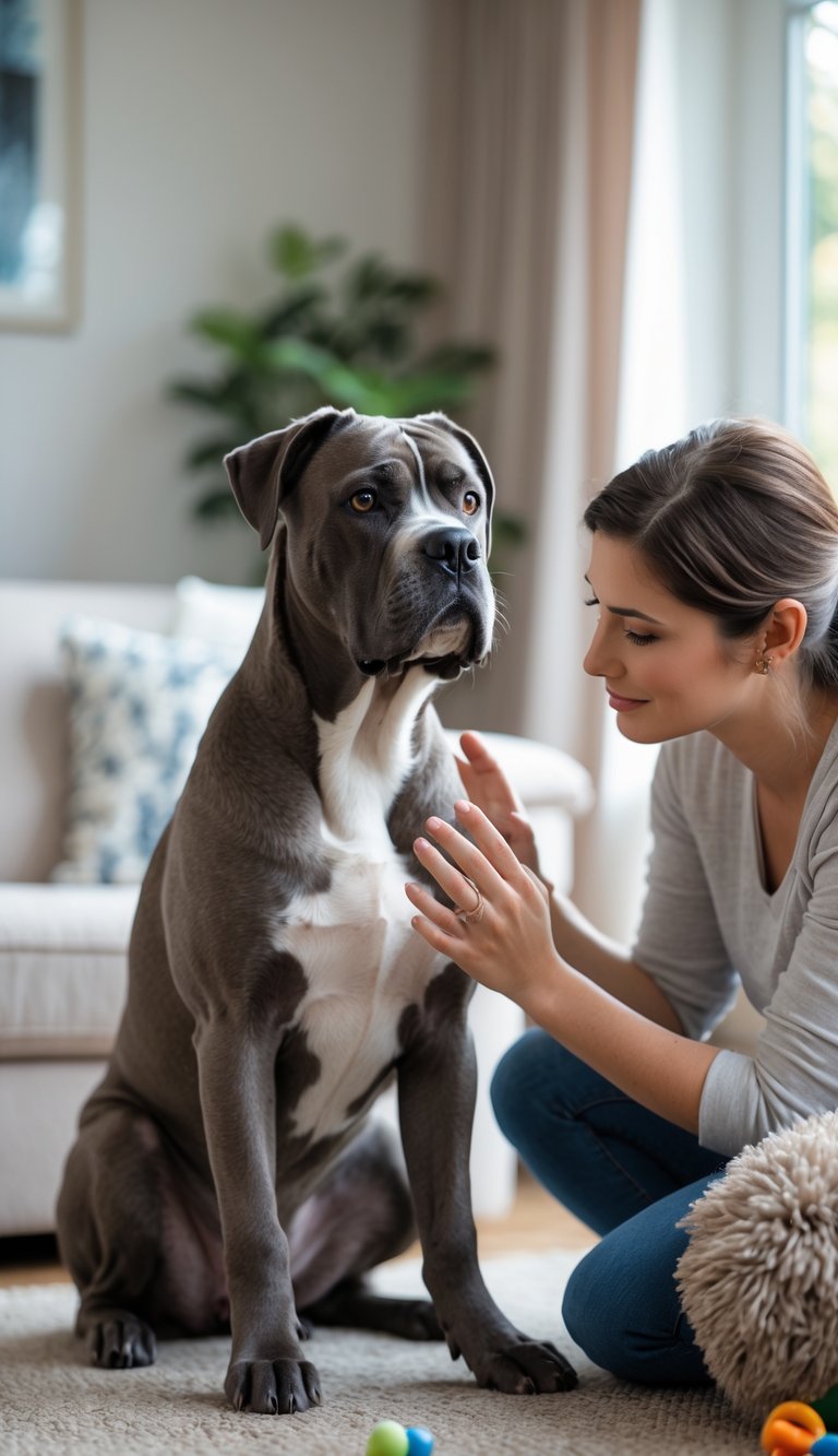 A calm Cane Corso dog sitting indoors while a person gently interacts with it in a peaceful living room.