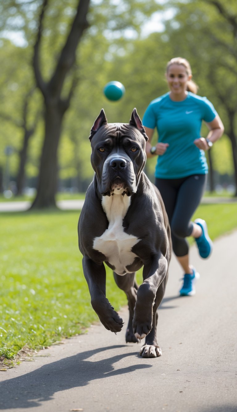 A Cane Corso dog running energetically in a green park with a person in athletic clothes nearby.
