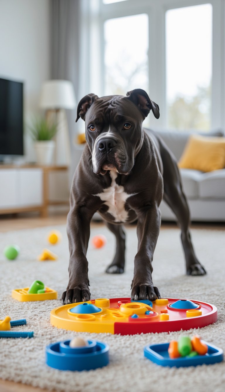 A Cane Corso dog playing with an interactive puzzle toy in a bright living room.
