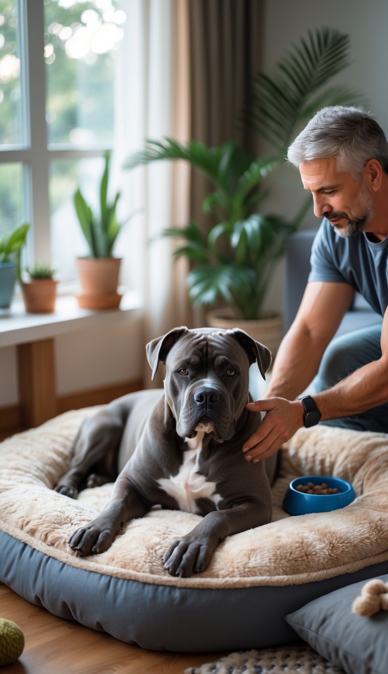 A calm Cane Corso dog resting on a soft bed in a cozy living room with a person gently comforting it.