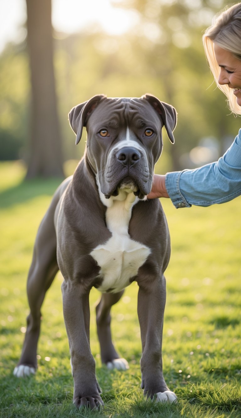 A Cane Corso dog outdoors interacting with a person in a green park setting.