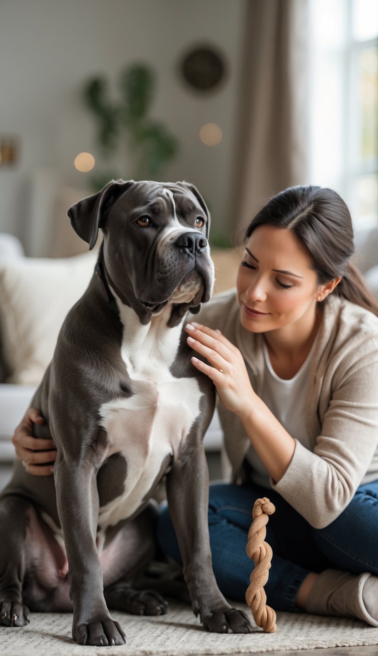 A Cane Corso dog sitting calmly next to its owner in a cozy living room as the owner gently pets the dog to soothe it.