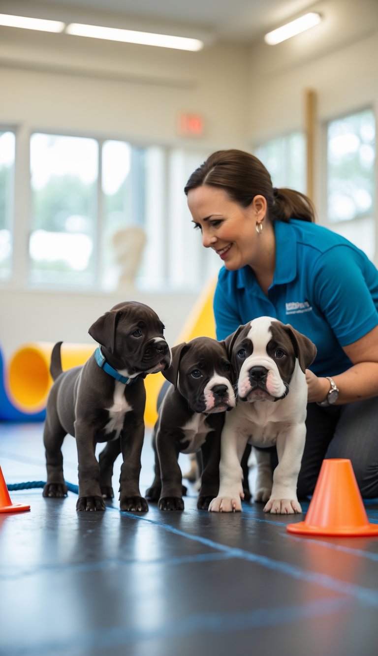 A group of Cane Corso puppies interacting with a dog trainer in an indoor training class focused on social skills development.