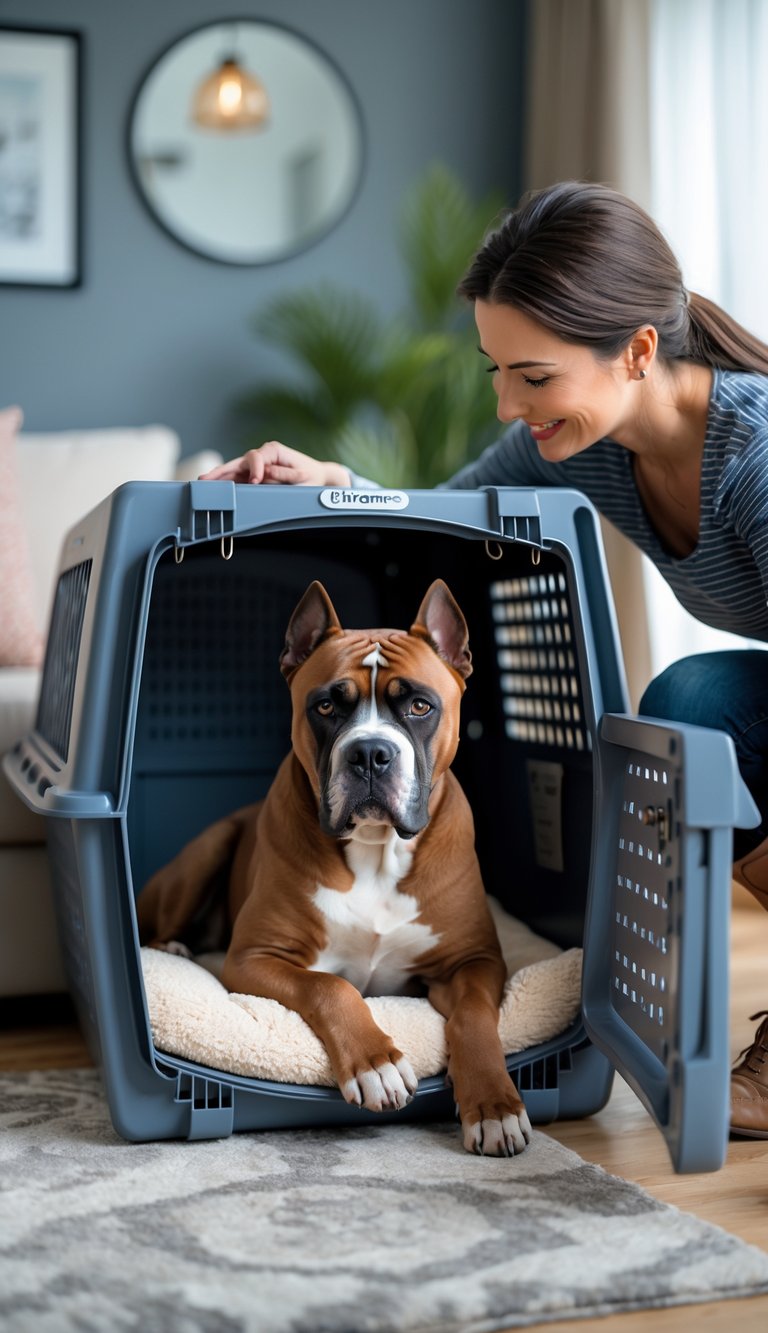 A Cane Corso dog sitting calmly inside an open crate in a cozy living room with a person gently interacting nearby.