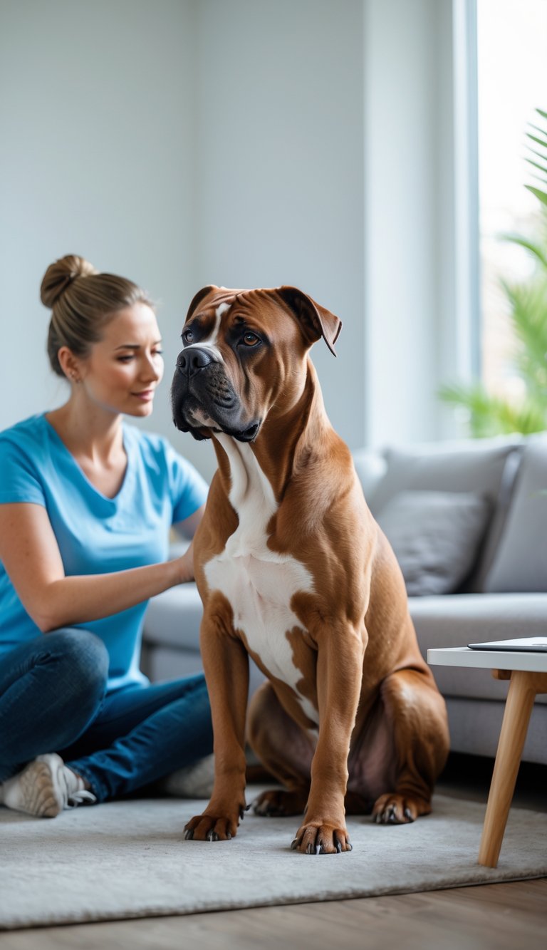 A Cane Corso dog sitting attentively indoors while its owner gently interacts with it in a bright living room.
