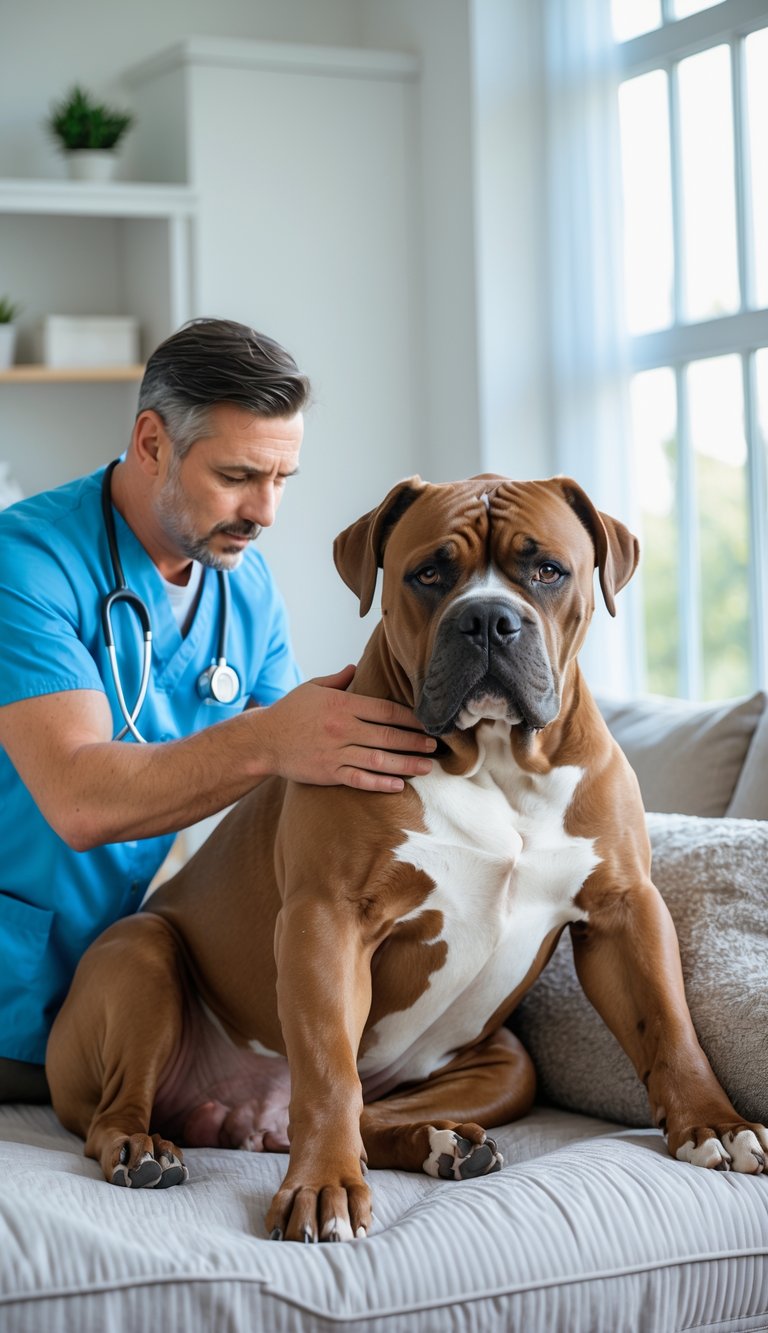 A Cane Corso dog lying on a bed indoors while an owner gently examines its abdomen and a veterinarian prepares medical equipment nearby.