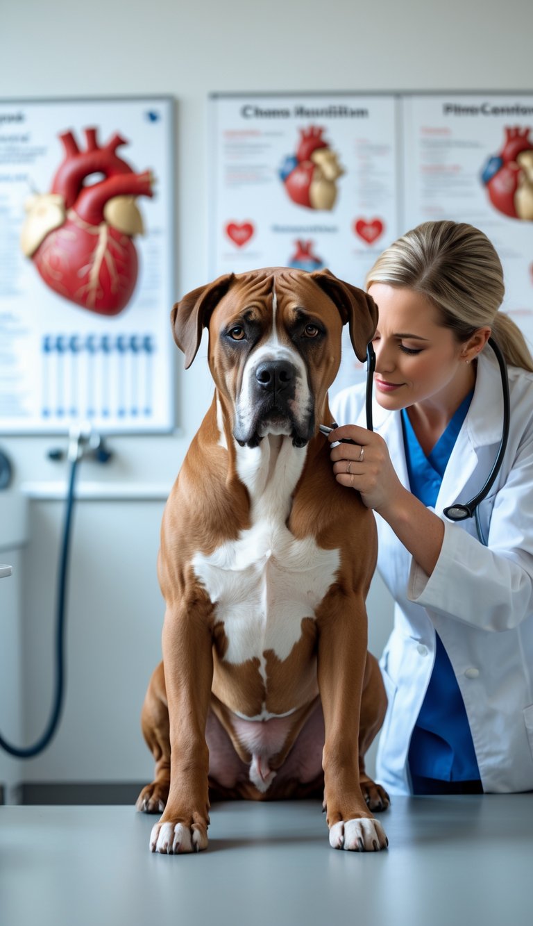 A Cane Corso dog being examined by a veterinarian in a veterinary clinic.