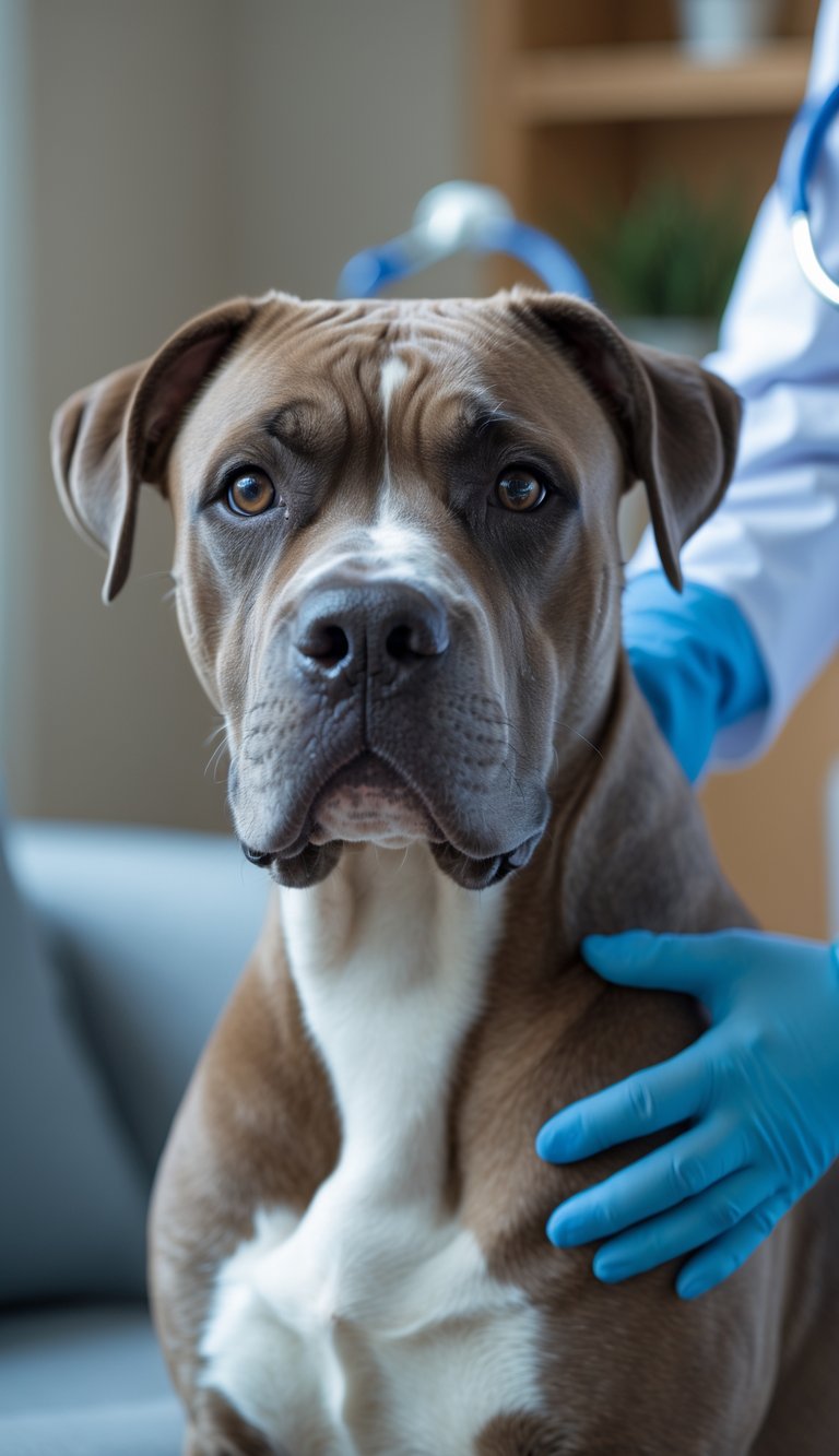 A Cane Corso dog sitting calmly indoors with a veterinarian gently touching its head.