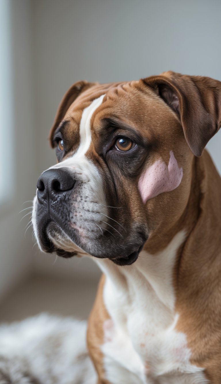Close-up of a Cane Corso dog showing mild skin redness and scratching, indicating skin allergies.