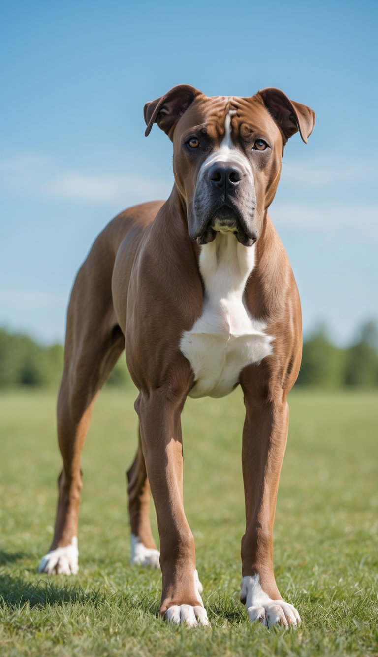 A Cane Corso dog standing outdoors on grass, showing its front legs and elbows in a relaxed pose.