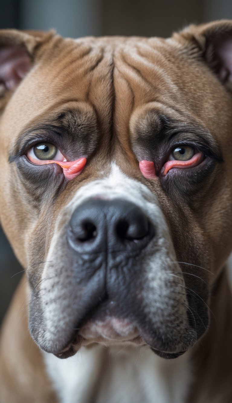 Close-up of a Cane Corso dog's face showing inward-rolled lower eyelids causing eye irritation.