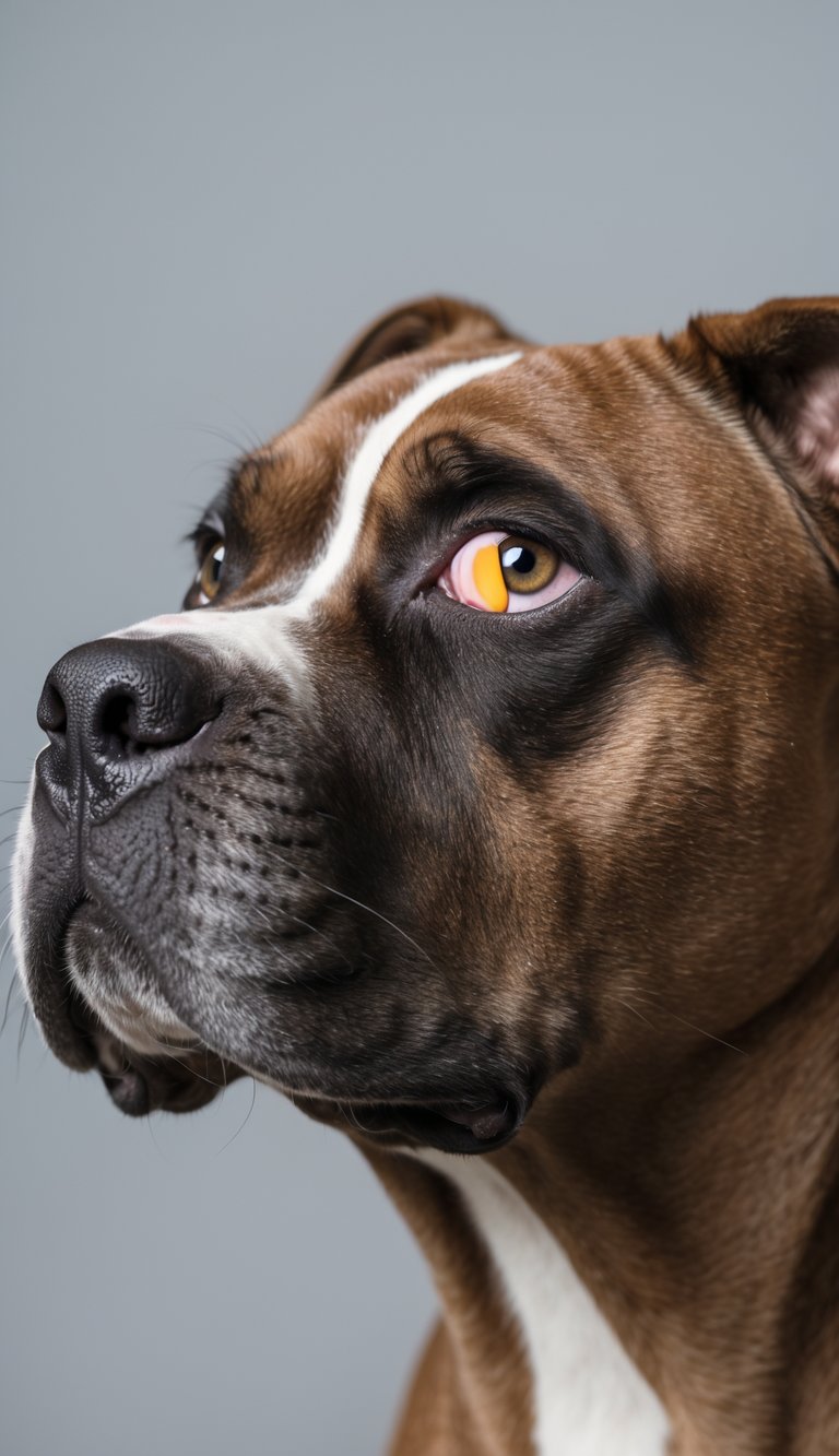 Close-up of a Cane Corso dog showing a prolapsed gland in the third eyelid of one eye.