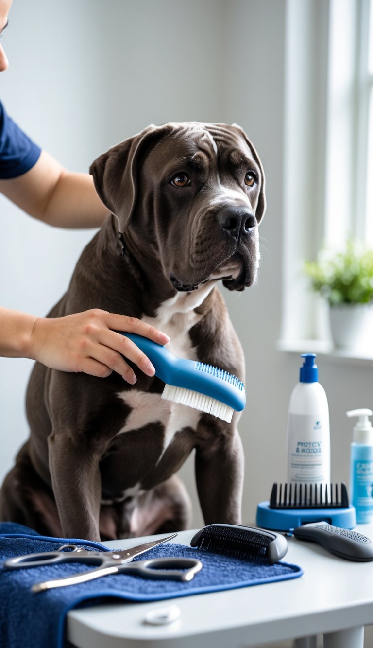 A Cane Corso dog being gently brushed with a slicker brush while grooming tools are arranged nearby.