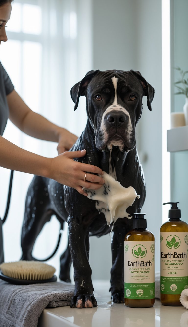 A Cane Corso dog being gently bathed with shampoo in a clean grooming area, with grooming supplies nearby.