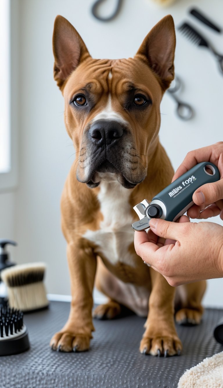 Close-up of a Cane Corso dog having its nails trimmed with a nail trimmer by a groomer.