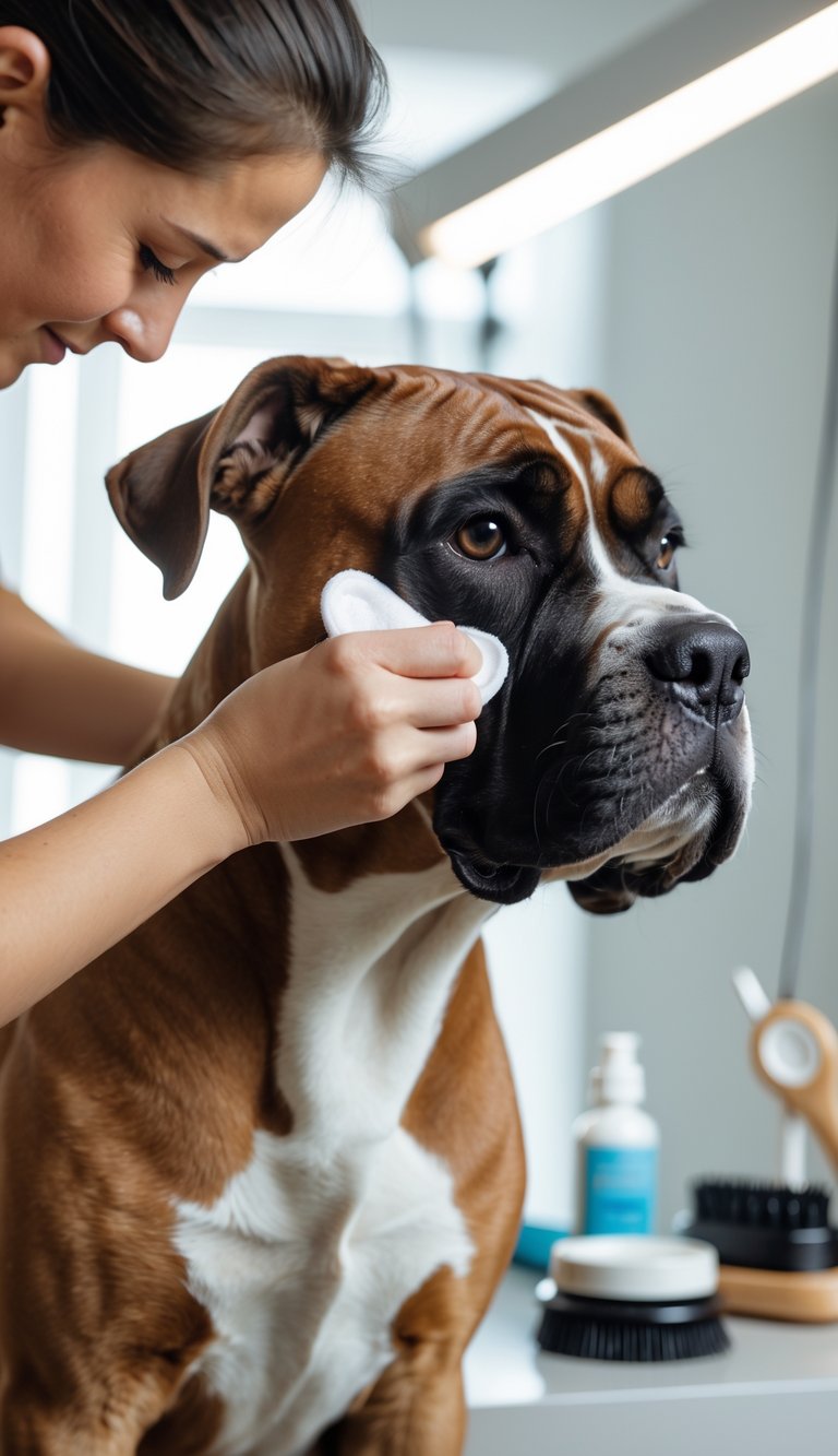 A person cleaning the ear of a Cane Corso dog in a grooming area with grooming tools visible in the background.