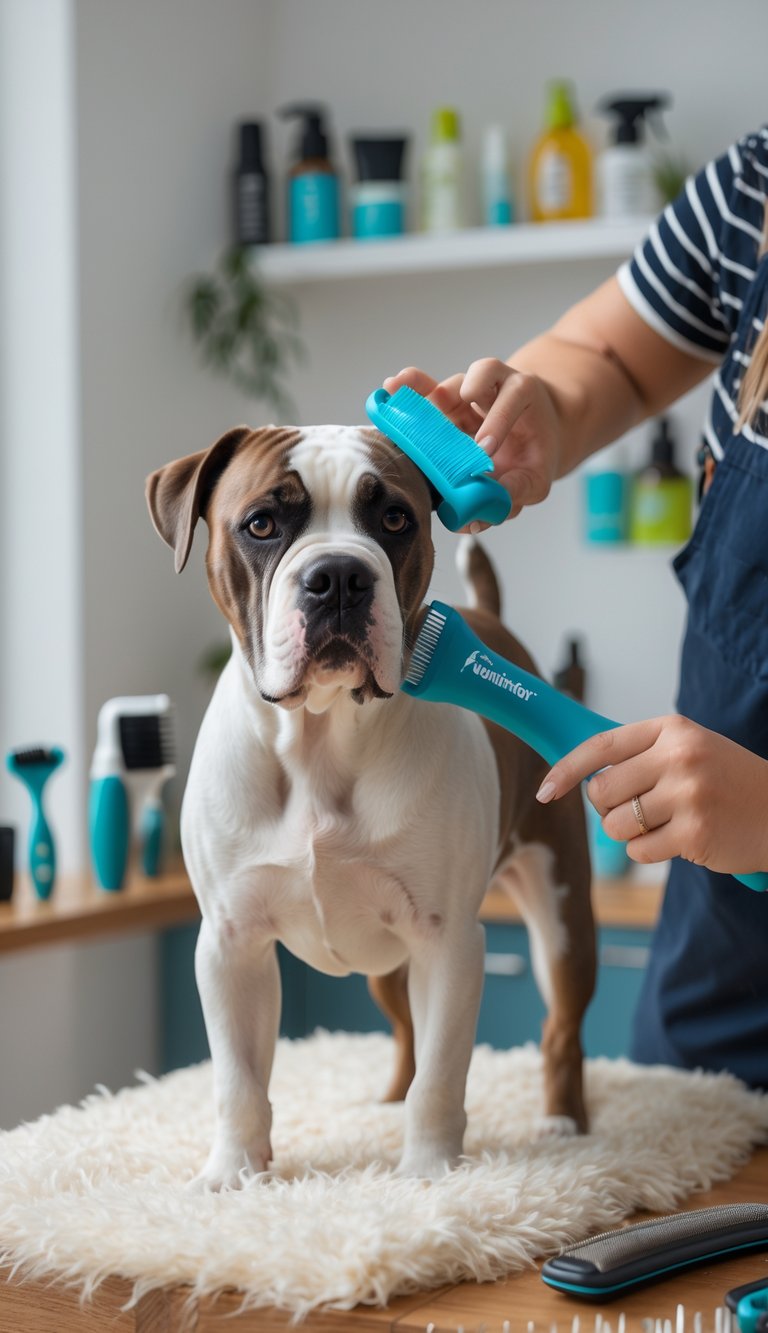 A person grooming a calm Cane Corso dog using a de-shedding tool indoors with grooming supplies arranged in the background.