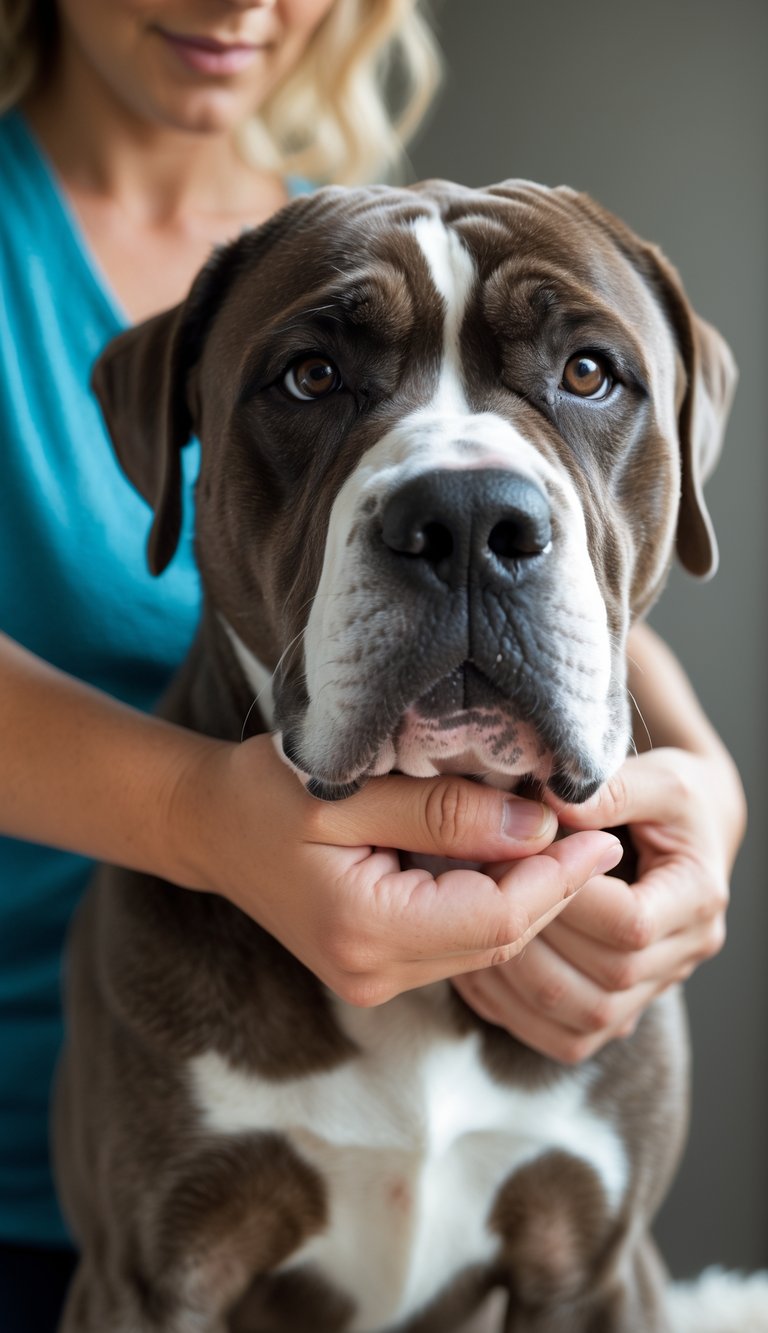 A person applying coconut oil to the coat of a Cane Corso dog during grooming.