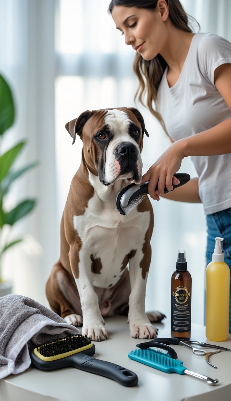 A Cane Corso dog being gently brushed by a person indoors with grooming tools nearby.