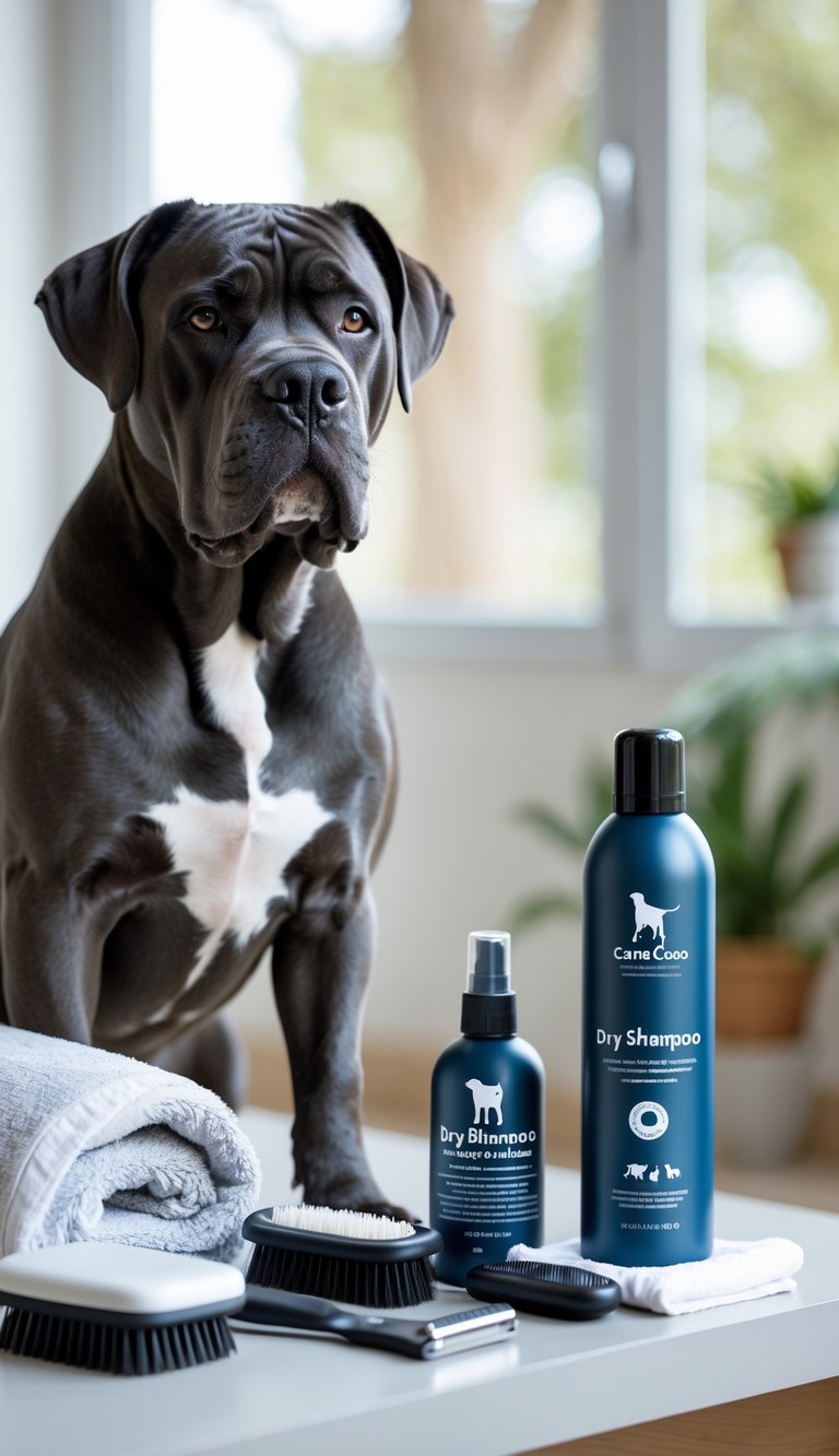 A Cane Corso dog sitting next to dry shampoo and grooming tools on a clean surface indoors.