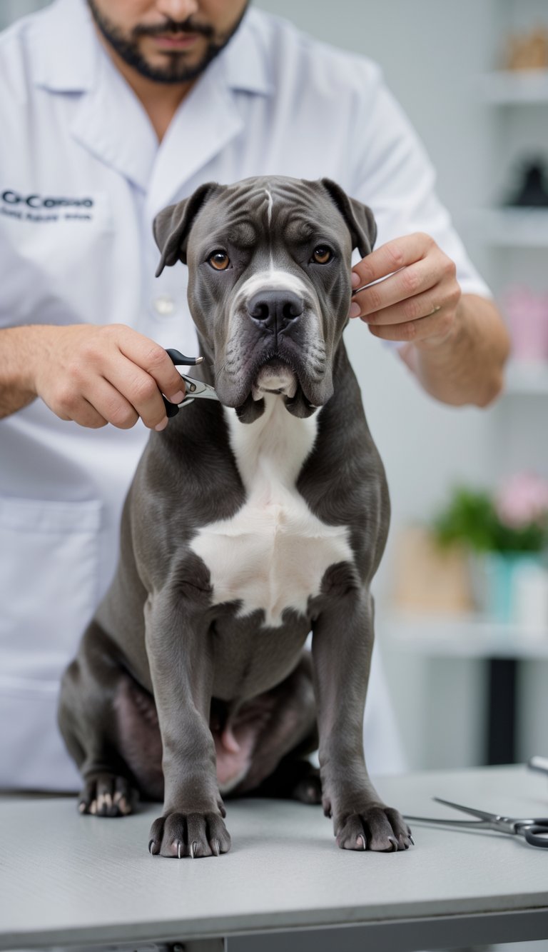 A Cane Corso dog sitting on a grooming table while a groomer trims the hair around its paws.