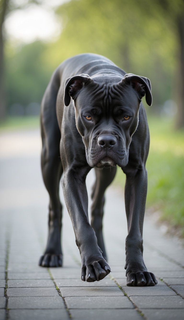A Cane Corso dog limping on a paved path in a park with trees and grass in the background.