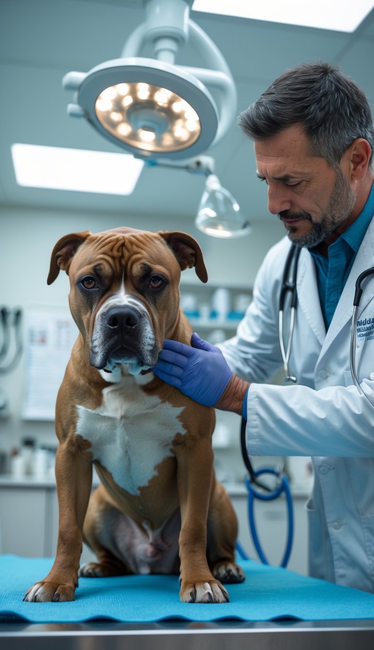 A Cane Corso dog looking unwell on a veterinary examination table while a veterinarian gently examines it in a modern clinic.