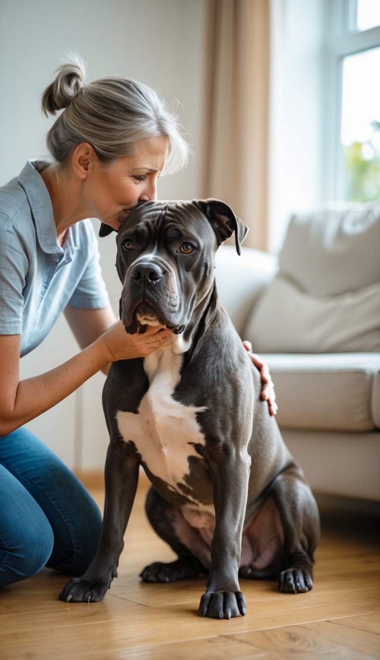 A Cane Corso dog sitting indoors, panting heavily, with a person gently examining it in a well-lit living room.