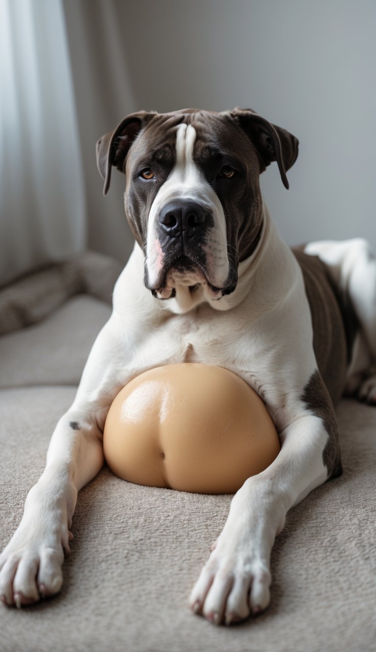 A Cane Corso dog lying down with a visibly swollen abdomen, indoors on a soft surface.