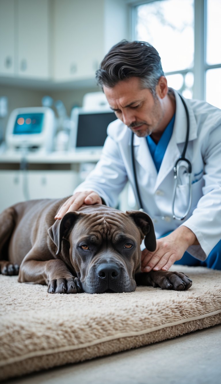 A Cane Corso dog lying down looking lethargic while a veterinarian gently examines it in a veterinary clinic.