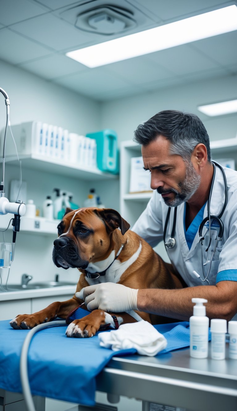 A veterinarian carefully examining a bleeding wound on a Cane Corso dog in a veterinary clinic.