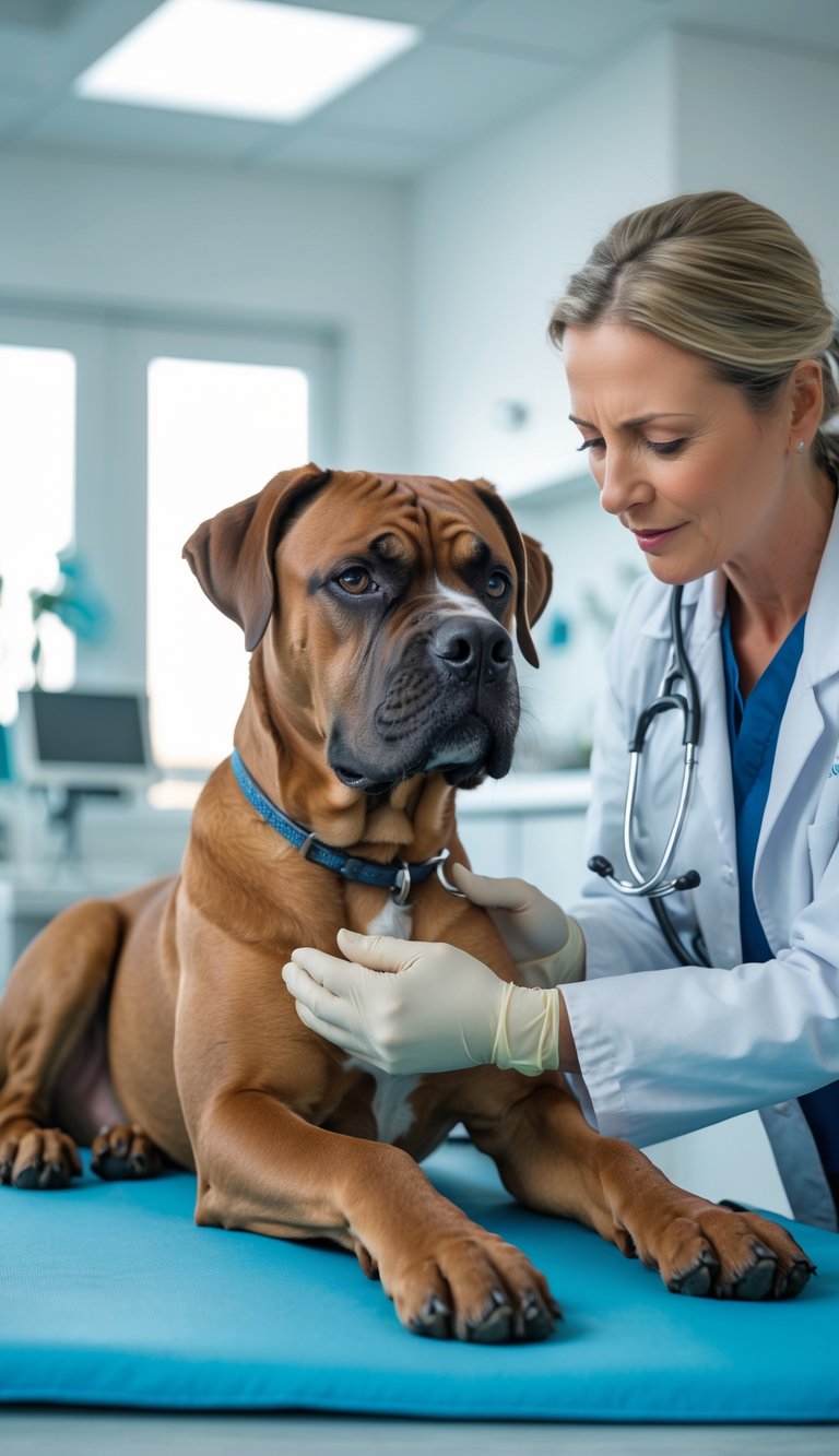 A Cane Corso dog being gently examined by a veterinarian in a veterinary clinic.