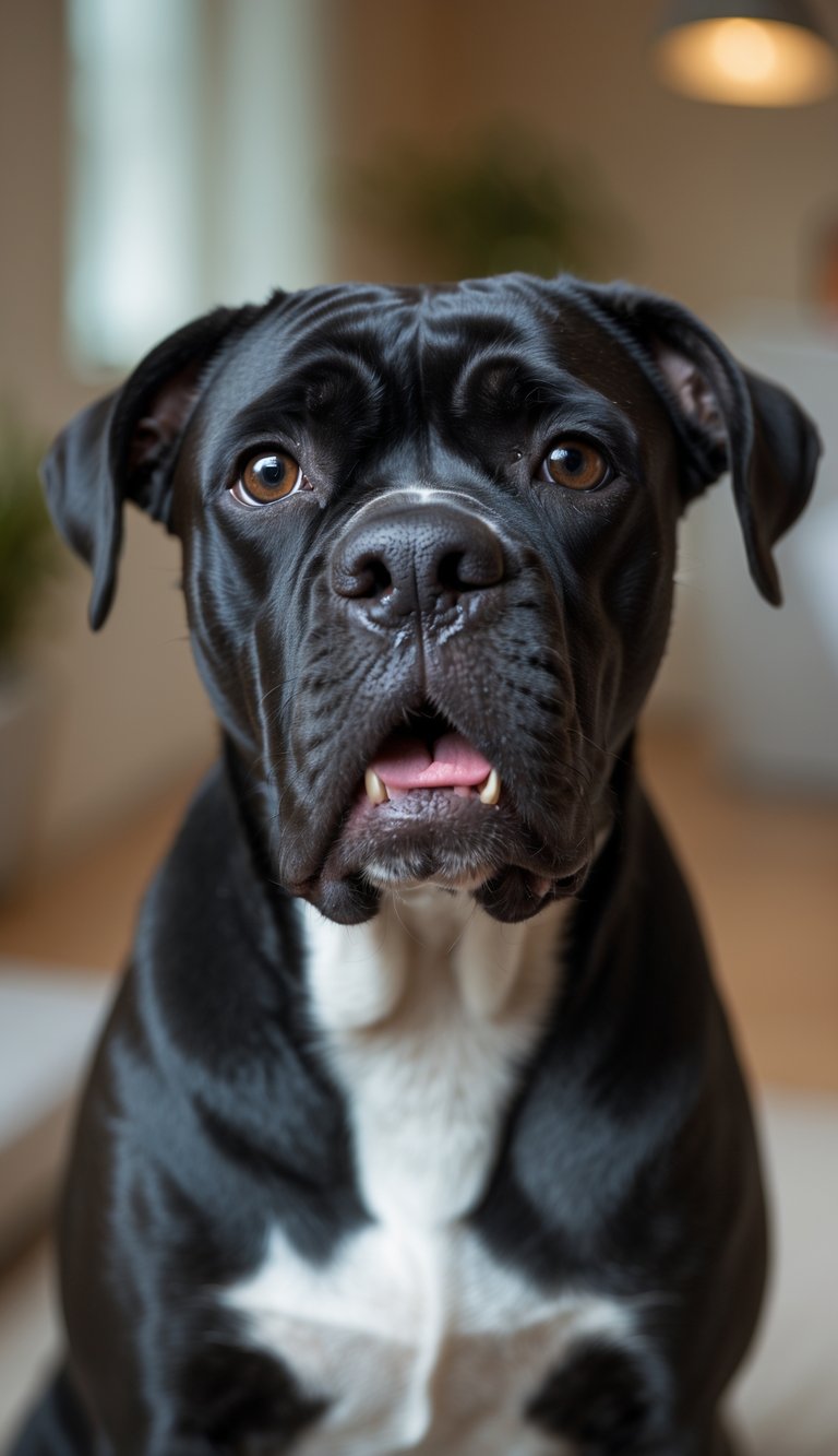 Close-up of a Cane Corso dog indoors appearing to cough or gag, looking distressed.