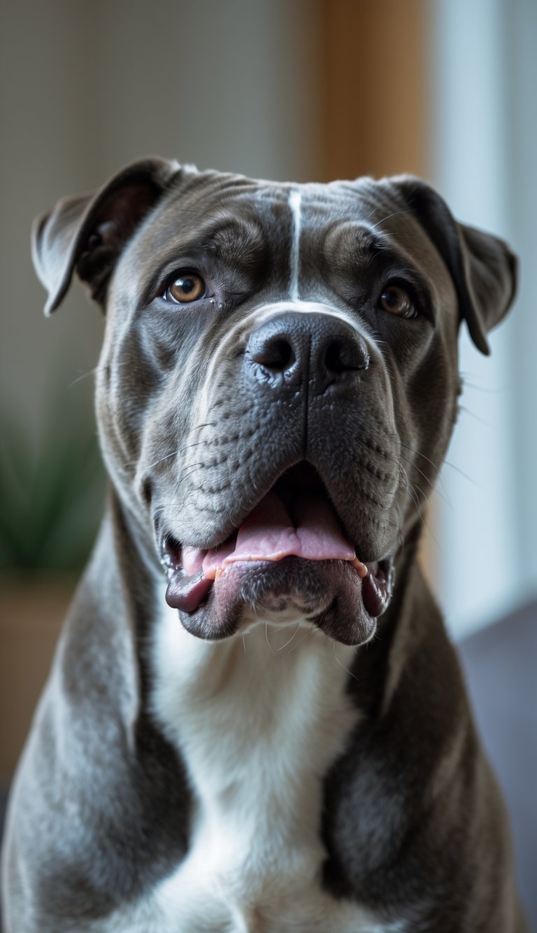 Close-up of a Cane Corso dog with its mouth open showing pale or bluish gums.