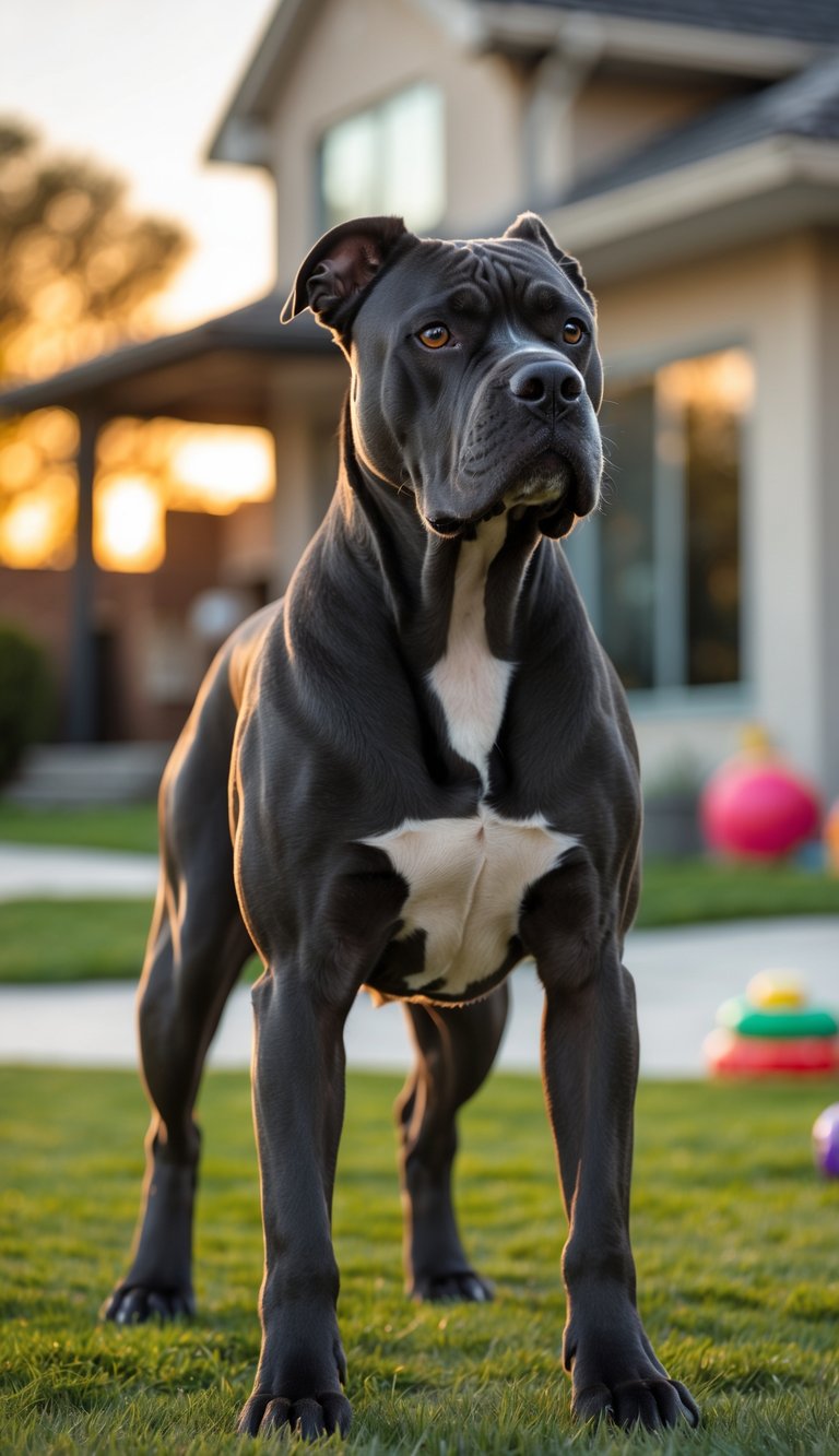 A strong Cane Corso dog standing alert in a family backyard with a house and children's toys in the background.
