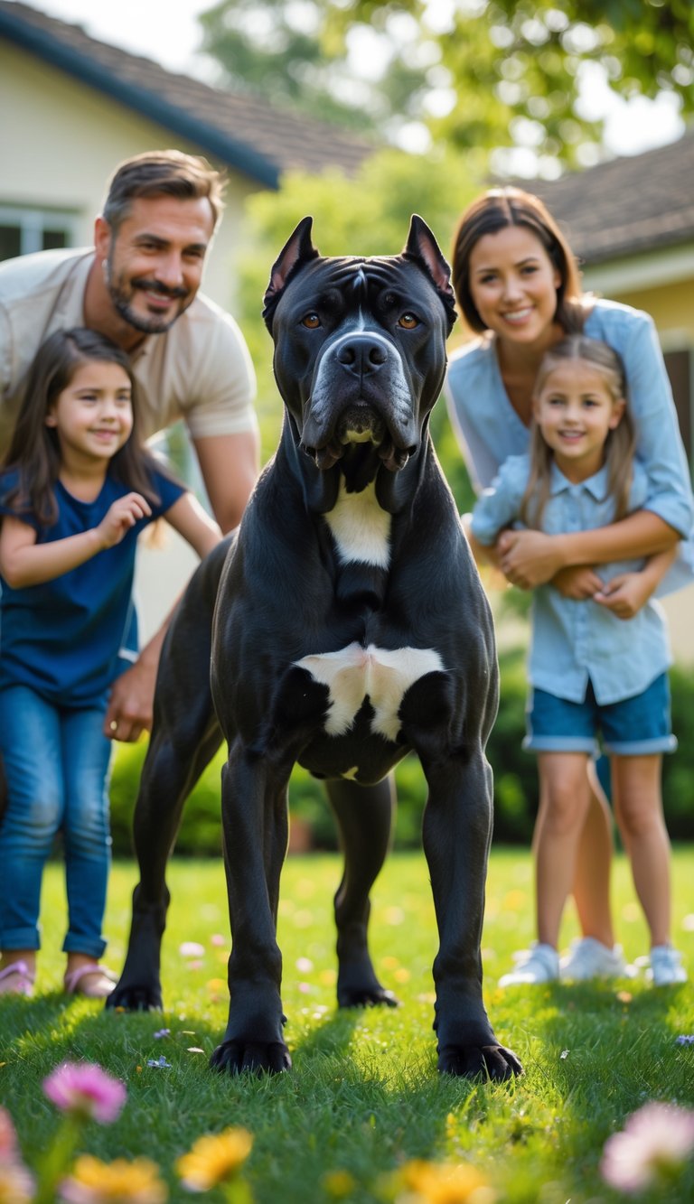 A Cane Corso dog standing protectively near a smiling family of four in a sunny backyard garden.